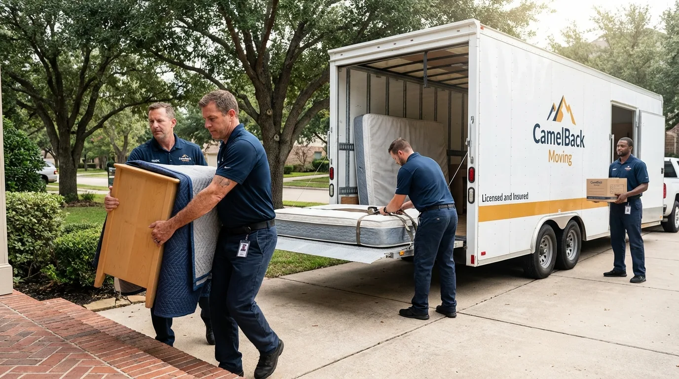 Crew loading residential truck for cross-state move from Mineral Springs, AR
