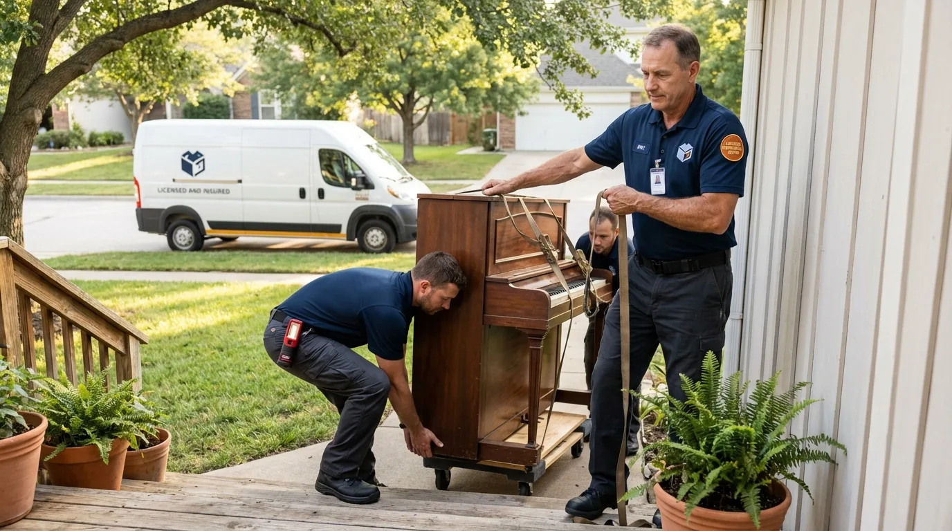 Licensed piano movers securing grand piano in Mineral Springs, AR