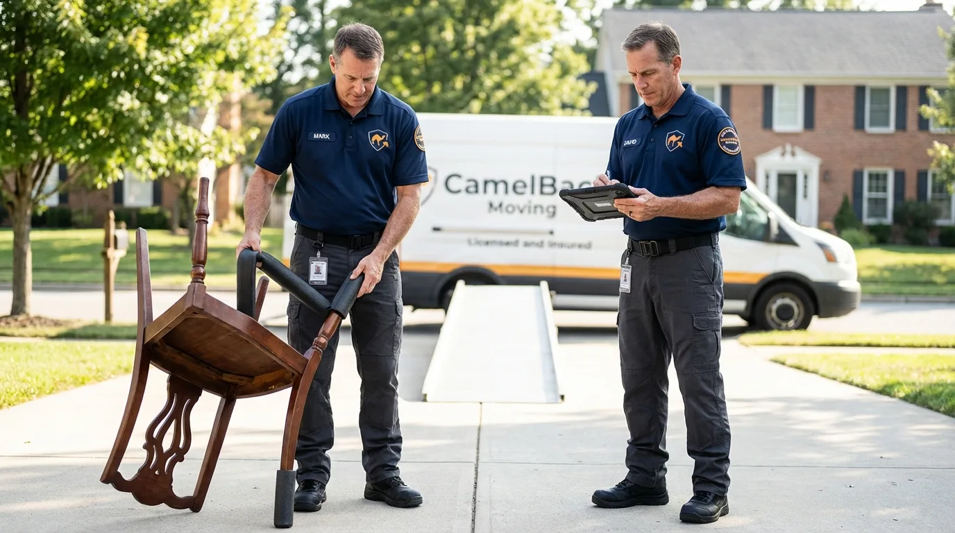 Movers inspecting furniture for damage prevention before loading in Mineral Springs, AR