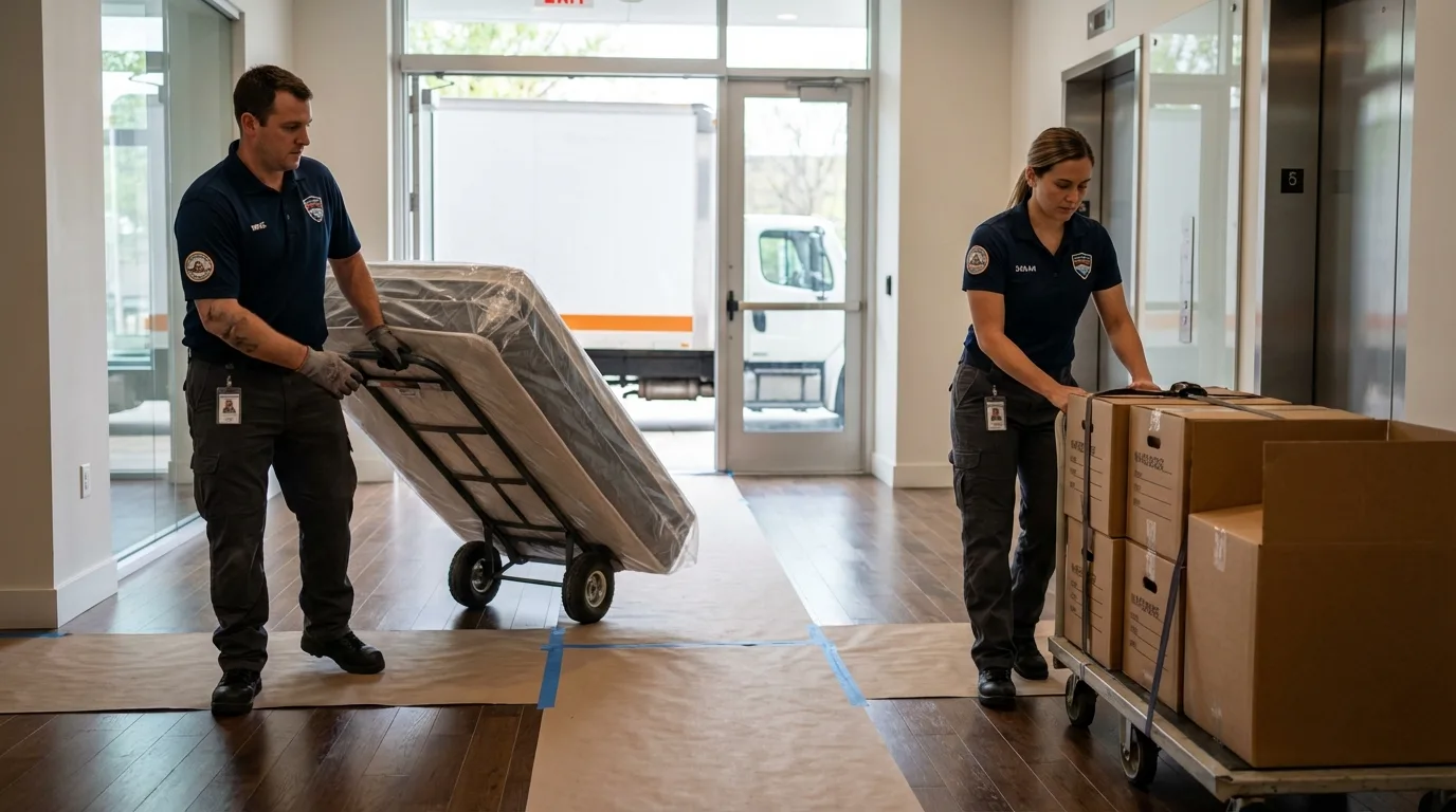 Professional apartment movers loading elevator in Mineral Springs, AR