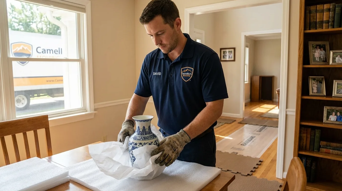 Professional crew carefully wrapping antique vase for senior downsizing move in Mineral Springs, AR
